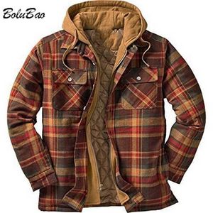 Bolubao Höst Vinter Casual Jacket Män Högkvalitativ Tjock Plaid Print European American Coat Loose Hooded Male Sale 211217