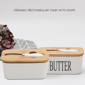 Wholesale bamboo ceramic kitchen resale online - Dishes Plates Ceramic Butter Dish Box With Knife Bamboo Wooden Cover Storage Keeper Cheese Container Kitchen