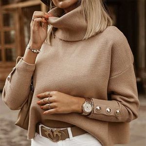 Maglioni da donna taglie forti Moda pullover dolcevita da donna bottoni manica lunga maglione lavorato a maglia allentato per donna 211018