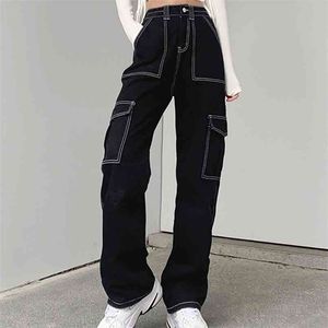 Harajuku y2k Multi Fickor Patchwork Baggy High Waist Jeans Streetwear 100% Bomull Kvinnor Denim Trouser Loose Pants Punk 210809