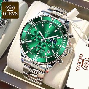 Olevs Męska zegarek Top Marka Moda Zegarek Ze Stali Nierdzewnej Wielofunkcyjny Luminous Timing Waterproof Watch Fast 210804