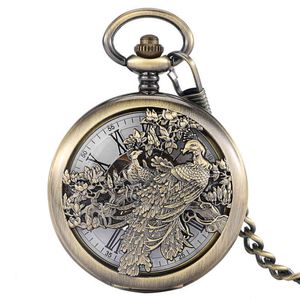 Hollow Phoenix Design Manual Mechanical Bronze Pocket Watch Female Numerals White Dial Portable Chain Pendant Clock Men's Gifts