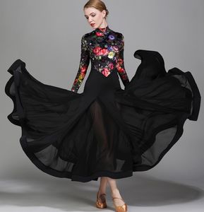 Black Flower Stampato Velvet Modern Droace Dress Stage Wear per le donne Adult Waltz Standard Competition Practice Vestiti