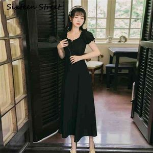 Women Long Dress Chiffon Short Sleeve Mid-calf Fit and Flare Party Bandage Elegant Summer Black 210603