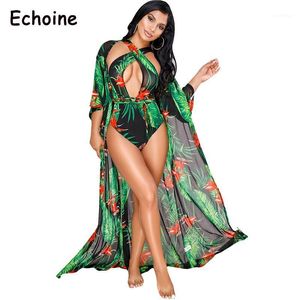 Echoine Summer Women Casual 2 Piece Set Print Green Leave Pattern Outfit Swim Passar Cloak för Bodysuit Women's Tracksuits