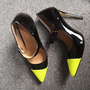 Handmade Large Size US5-15 Ladies High Heels Dress Shoes Patent Leather Twotones Mary Janes Evening Daily Wear Fashion Court Pumps D661-2 Black-Lemon