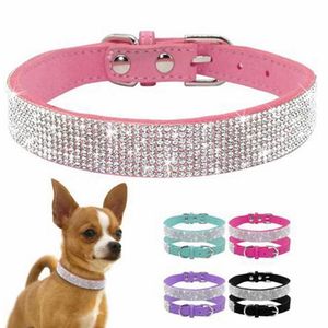 Kattkrafter leder S-XL Mjukt justerbar mocka läder valp hund krage rhinestone husdjur rosa kostym leveranser