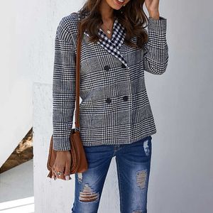 패션 더블 브레스트 여성 재킷 격자 무늬 블레이저 칼라 긴 소매 사무실 숙녀 겉옷 코트 W228 210526