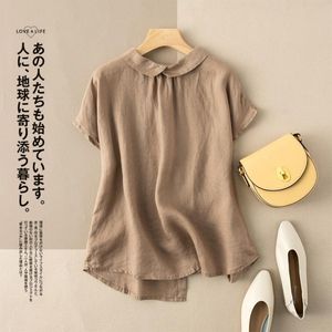 Verão Nova Moda Mulheres Manga Curta Solta Shirts All-Matched Casual Peter Pan Collar Algodão Blusa de Linho Plus Size M156 210315