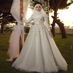 Wholesale arab bridal gowns for sale - Group buy Luxury Arab Dubai Wedding Dresses Crystal Beads Lace Apliques A Line Bridal Gowns Custom Made High Neck Long Sleeves Robes De Mariée