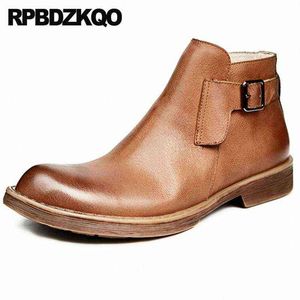 Brown artesanal de couro completo de couro formal botas de inverno quente quente curto topo alto torto tornozelo de queda de queda de pele forrada sapatos outono 72ui #