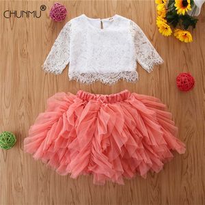 Set di vestiti estivi per neonate Top in pizzo per bambina + gonna tutu torta a rete irregolare 2 pezzi Set di abiti casual per bambini X0902