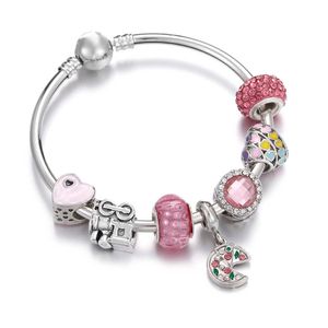 Heart Net Elephant Flower Charms Cute Pink Crystal Beads Bracelet for Women Pendant Bracelets Bangles Romantic Jewelry Girl Gift Q0719