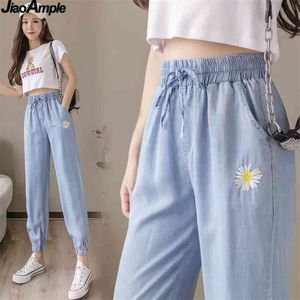 Summer Cozy Thin Loose Harem Pants Women Korean Fashion Embroidery Daisy Trousers Girls Student Leisure Joker Ankle-length 210925