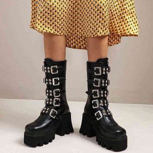 Winter Gothic Punk Damen Plateaustiefel Schwarz Schnalle Riemen Reißverschluss Creeper Wedges Schuhe Mittlere Waden Militär Kampfstiefel H1126