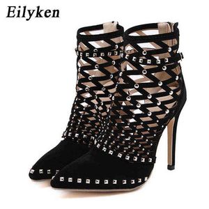 Sandals Eilyken Gladiator Sandals Summer Spring Pointed Toe Rivets Studded Cut Out Caged Ankle Boots Stiletto Heel Women Shoes 220310