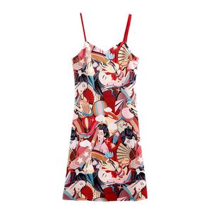 PERHAPS U Red Japanese Woman Print Strap Sleeveless V Neck Knee Length Dress Backless Straight Summer Beach D0443 210529