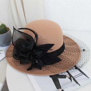 Wide Brim Church Wool Hat Imiation Cap for Women Big Floral Bucket Warm Winter Wedding Caps 211119