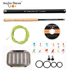 Angelruten-Kombination, 12/13 FT Tenkara Ruten-Set, 30T Kohlefaser-Angelkombi mit aufgerollten Fliegen