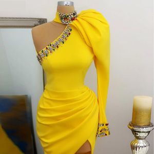High Neck Yellow White Satin Prom Gown - One Shoulder Long Sleeve with Crystal Detail & Side Slit