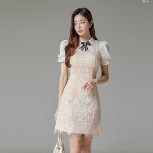 Sommar Kvinnor Klänning Puff Sleeve Patchwork Mesh High-End Koreanska Bow Sheath Lace Dresses 210529