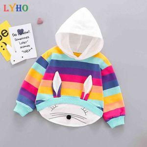 Toddler Girls Hoodie 2021 Vår Rainbow Stripe Cartoon Dress Kids Kläder Baby Sweatshirt 3T 6T Little Girl Outfits Kläder G1028