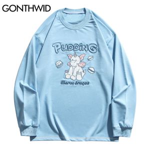 GONTHWID T-shirts Stickerei Cartoon Einhorn Langarm T-shirts Harajuku Mode Baumwolle Lose Streetwear Hip Hop Casual Tops C0315