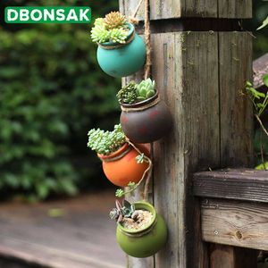 4PCs väggmonterad keramisk blomkruka hängande saftig blomma pottkaktus bonsai plantor container hamp rep trädgård dekoration 210615