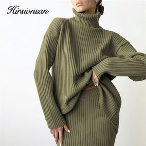 Hirsionsan elegante de malha conjuntos mulheres casuais duas peças tartaruga pescoço suéter e midi saia feminina ternos quentes com 220302