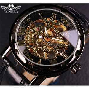 Vinnare Black Gold Man Clock Men Relog Skeleton S Watches Top Brand Luxury Montre Leather Wristwatch Mechanical Watch 220302