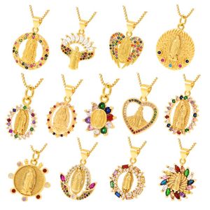 Charms Diamond Encrusted Color Zircon jungfru Mary Gold Pendant Halsband Hip Hop Religious Post 2021
