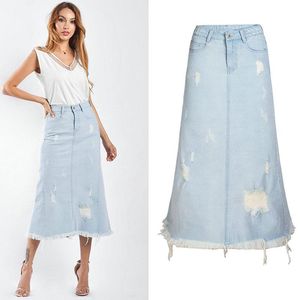 Kjolar kvinnor hög midja tvättad denim jeans kjol kvinna vit bälte spets-up slit mid-calf casual streetwear a-line