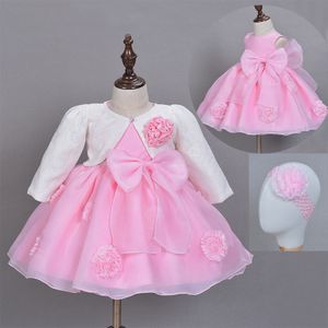 3Pcs Set Baby Girl Baptism Dress Pageant Princess Wedding Christening Dresses Kids Frocks Gown With Head Band Jacket Shawl 210315