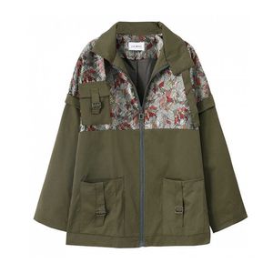 Kanske U Women Jacket Outwear Spring Autumn Zipper Pocket Army Green Brodery C0286