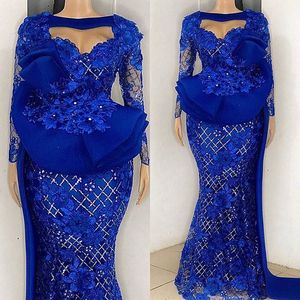 2021 Plus rozmiar arabski Aso Ebi niebieska syrenka luksusowe suknie balowe koronkowe długie rękawy wieczorowe formalne przyjęcie druga recepcja suknie sukienka ZJ465