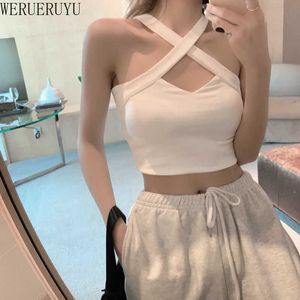 Werueruyu Kvinnor Strappy Cross Crop Top Over Front Cut Out Halter Neck Ärmlös Backless Bandage Vest Sommar Sexiga Toppar Kläder 210608