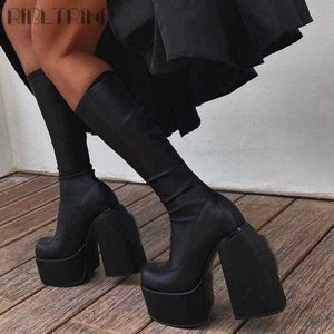 2021 Brand New Feminino Bloco Feminino Salto Zipper Plataforma Mid Bezerro Botas de Moda Design Vestido De Partido Sólido Redondo Toe Tênis Para As Mulheres Y0914