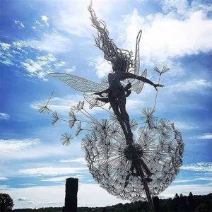 風景の装飾的なステーク妖精とタンポポは一緒にダンスを踊る金属園ヤードアートの装飾芝生彫刻装飾211101