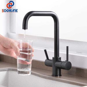 SOGNARE Black Kitchen Faucet Drinking Water Filter Faucet Dual Handle Cold 3-way Filter Kitchen Mixer Taps Torneira Cozinha 210724