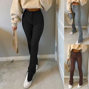 30# Leggings Women Casual Solid Slim-fit Trousers Slit Fitness Woman Pants High-waisted Skinny Sweatpants 211215