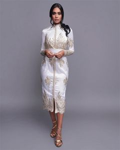 Elegant Lace Appliques Evening Dresses Long Sleeves Button Women Prom Dress Tea Length Robe De Soriee