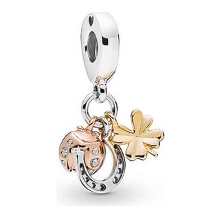 Fascino in argento sterling rosa Golden Ladybug e trifoglio pendente fit Pandora donna braccialetto collana gioielli fai da te gioielli