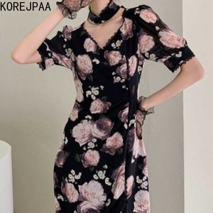 Korejpaa Abito Donna Estate Stampato Rosa Rosa Vintage Elegante Temperamento Scollo a V Abiti Midi Cheongsam Vestido Donna 210526