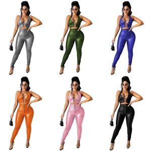 ADOGIRL SEXY PU LEATHER Två Piece Set Cross Lace Up Crop Tops och High Waist Zipper Pencil Byxor Clubwear Sommarkläder Outfits x0709 x0721