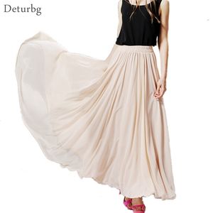 Kvinnor Boho Style 3 Layer Chiffon Long Kjol Kvinna Elegant Hög Midja Icke-Transparent Beach Maxi Kjolar Saia Spring SK121 210619