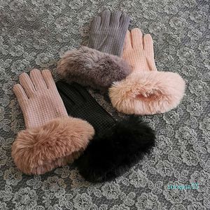 Мода теплые замшевые перчатки женские зимние замшевые пять пальцев толстые вождения большие рот сенсорный экран перчатки