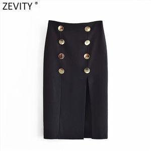 Zevity 여성 빈티지 더블 브레스트 디자인 블랙 스트레이트 미디 스커트 Faldas Mujer 여성 뒤 지퍼 분할 vestidos qun755 210619