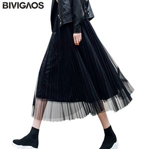 BIVIGAOS Donne di Estate Gonna di Tulle Gonna A Pieghe Nero A Vita Alta Gonne Midi Chiffon Sottile Maglia Lane e Filati Gonne Lunghe allentate Donne 210309