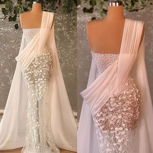 Ilusão sexy pérolas sereia vestido de casamento 3d laço apliques um ombro vestidos nupciais de soiree turkish couture Dubai grânulos feitos sob encomenda