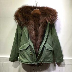 Kvinnors Fur Faux 2021 Vinter Varm Armé Green Hooded Jacket Brown Coats Furs Parka